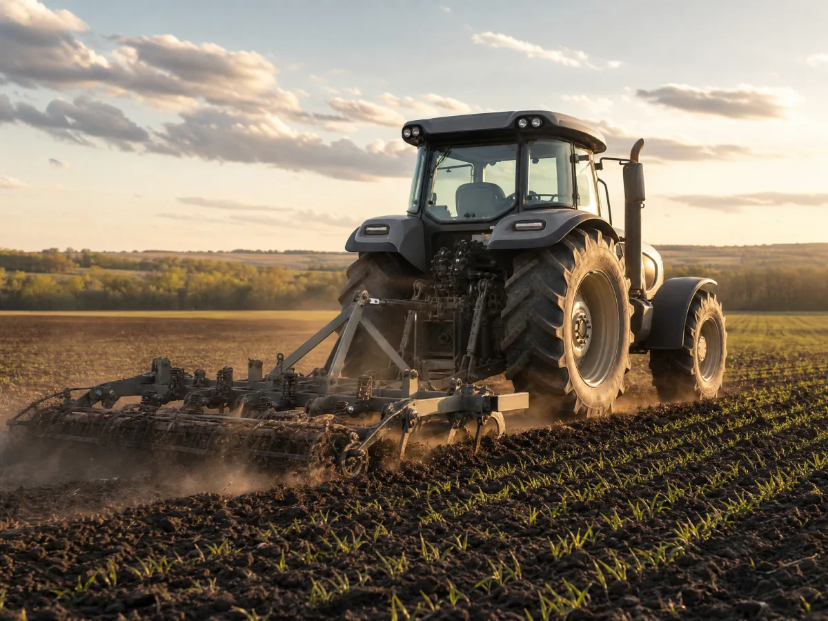 Large farm tractor and wide tillage implement working a commercial field — agricultural equipment financed by TruCapital