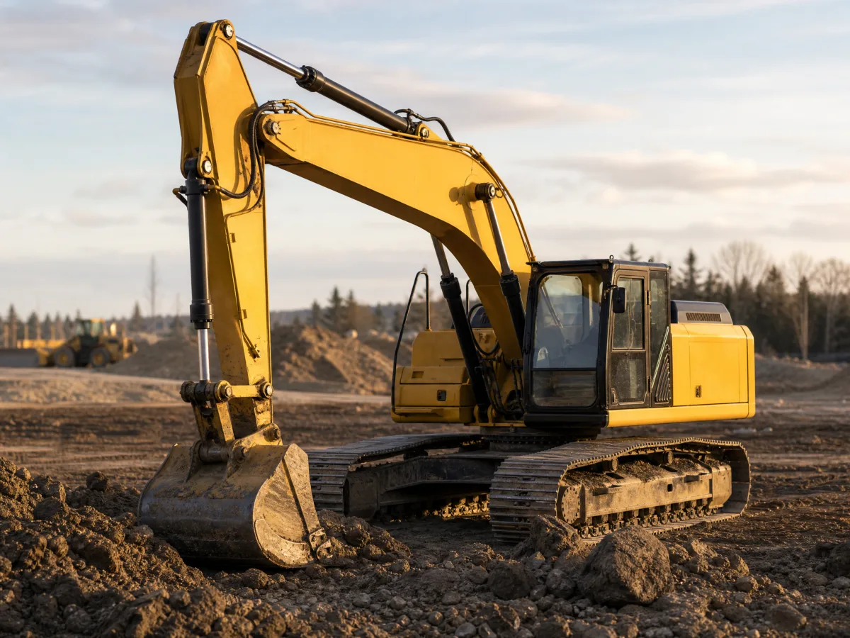 Hydraulic excavator working a commercial construction jobsite — equipment financed by TruCapital