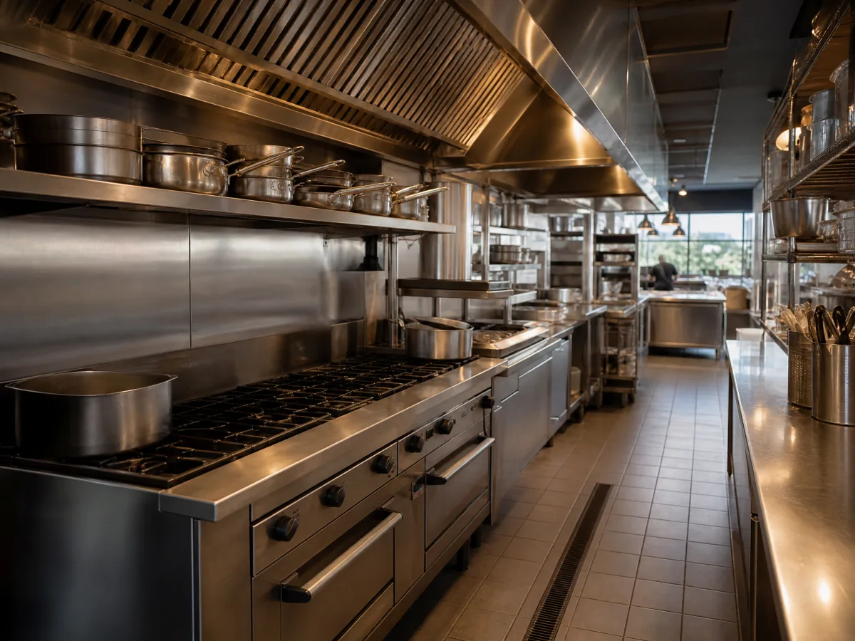 Stainless-steel commercial kitchen line — food-service equipment financed by TruCapital