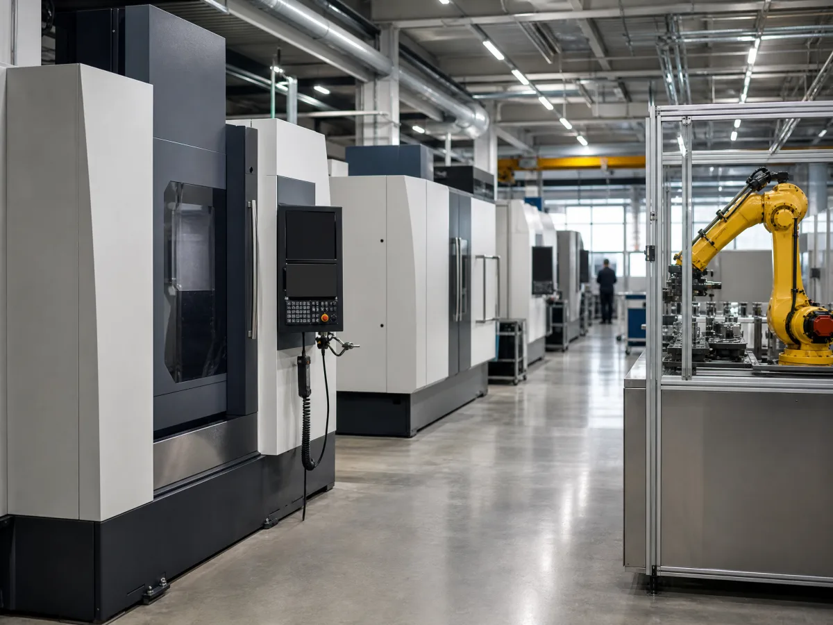 CNC machining line and robotic cell on a factory production floor — manufacturing equipment financed by TruCapital