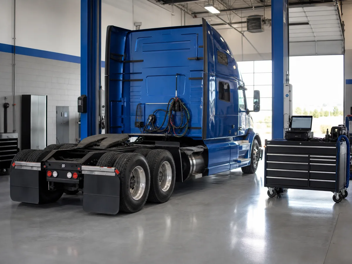 A commercial truck in a repair shop — repair financing from TruCapital keeps the unit earning
