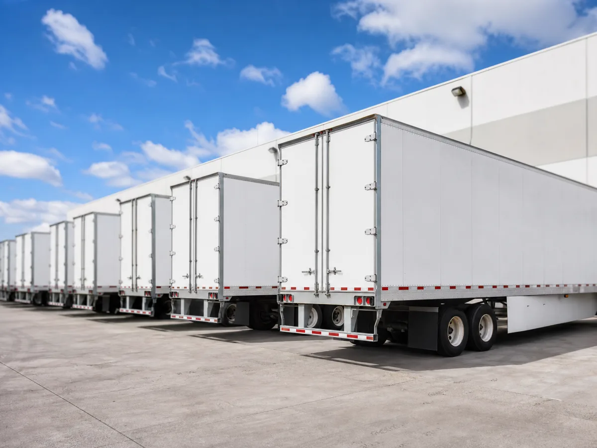 A row of dry-van and reefer semi-trailers at a distribution dock — trailer financing from TruCapital